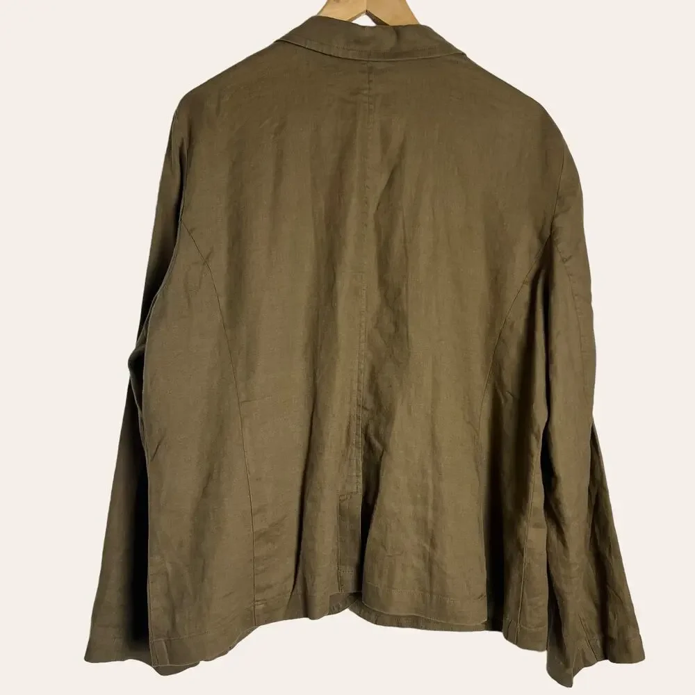 Eileen Fisher Organic Linen Olive Green Notch Collar Blazer Jacket Size XL